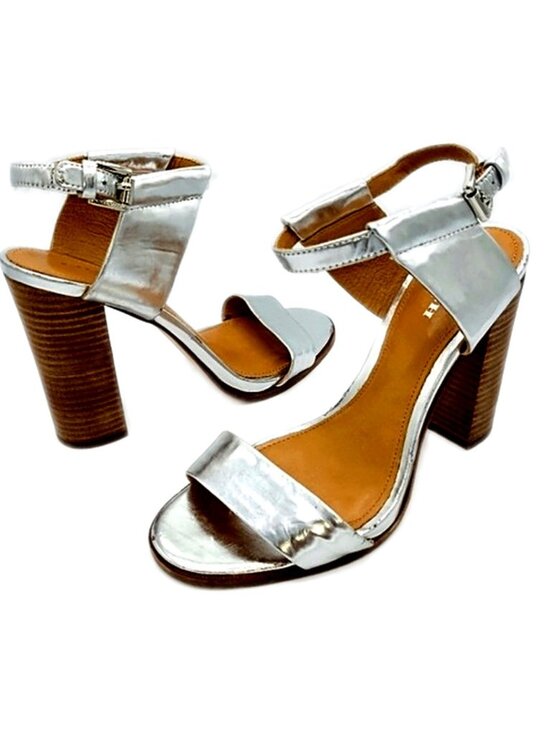 Coach Shoes - Coach Women’s Shoes Lexey Metallic Block Heels Sandals Silver size 5.5